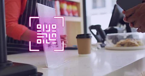 Image of qr code scanning over man paying with smartphone in shop Stock-Fotos