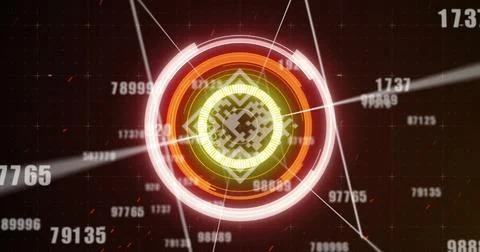 Image of qr code, scope scanning and numbers changing over grid in background Stock Illustration