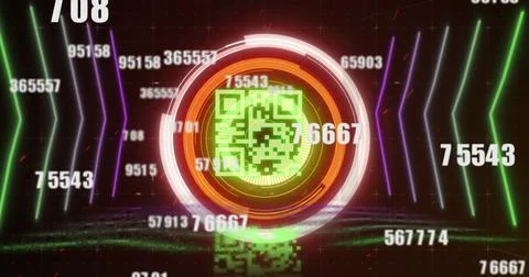 Image of qr code, scope scanning and numbers changing over neon elements in Illustrazione stock
