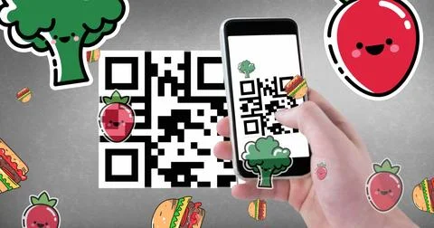 Image of qr code, smartphone and food icons 스톡 사진