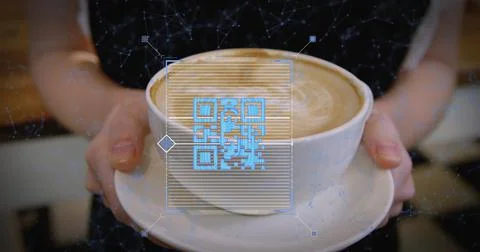Image of QR code with web connection over woman holding cup of coffee 스톡 사진
