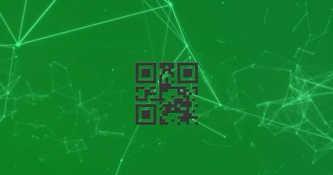 Image of qr code with white network of connections on green background Stock Illustration