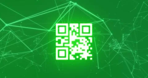 Image of qr code with white network of connections on green background Illustrazione stock