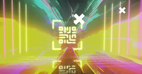 Image of qr code, world map with markers and data processing over light trails Stockfoto's
