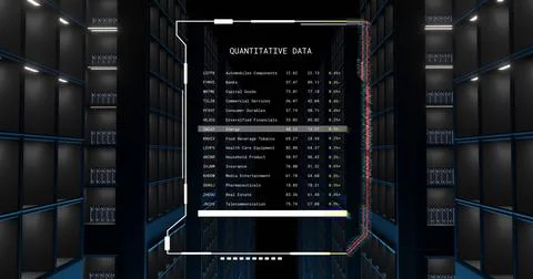Image of quantitive data file processing over dark computer server room 스톡 사진