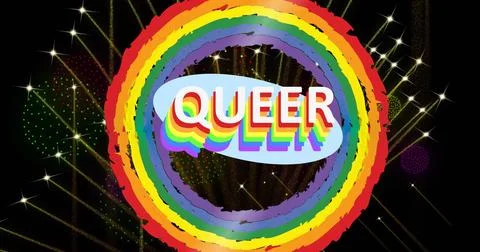 Image of queer text and rainbow circles with fireworks exploding on black b.. Stock Photos