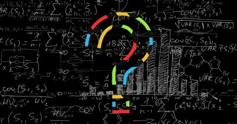 Image of question mark and mathematical equations on black background Stock Photos