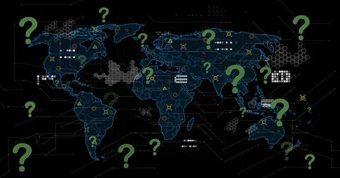 Image of question mark icons over data processing and world map on black Stock Illustration