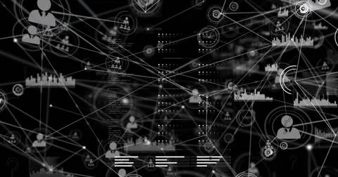 Image of question mark icons over network of connections and data processing on Stock Illustration