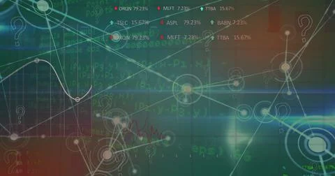 Image of question mark icons over network of connections and data processing on Stock Illustration