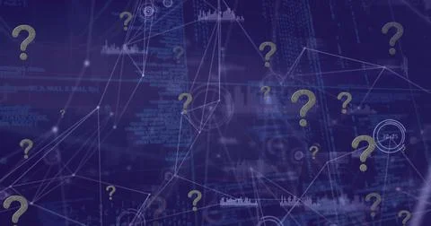 Image of question mark icons over network of connections and data processing on Stock Illustration