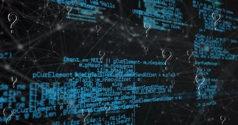 Image of question mark icons over network of connections and data processing on Stock Illustration