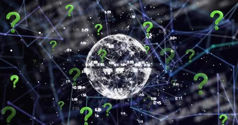 Image of question mark icons over network of connections and data processing on Stock Illustration