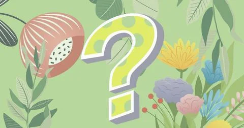 Image of question mark over plants and flowers on green background Illustrazione stock