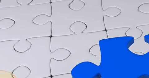 Image of question marks and blue puzzle over white puzzle background Stock Illustration