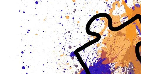Image of question marks and puzzle over colorful stains Stock Illustration