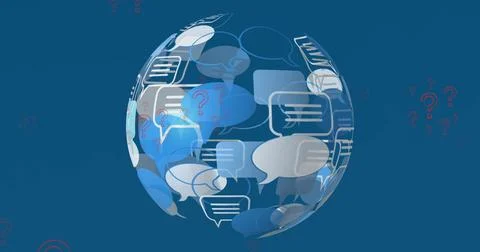 Image of question marks and speech bubble forming globe on blue background Stock Illustration