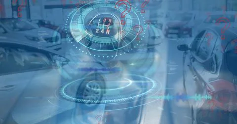 Image of question marks, data processing and gear over cars Stock Illustration