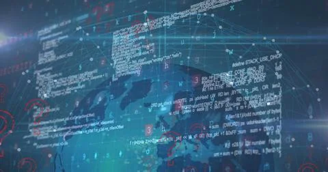 Image of question marks, data processing and malware text over globe Illustrazione stock