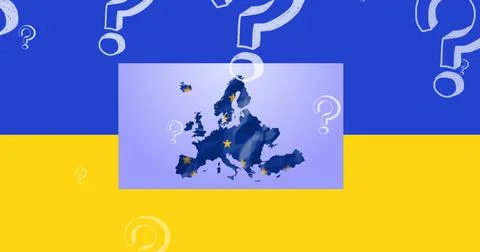 Image of question marks floating over european map and flag of ukraine Ilustração Stock