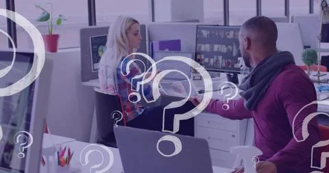 Image of question marks icons over diverse business people holding document 库存照片