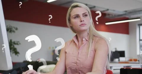 Image of question marks over caucasian businesswoman using computer Stock Illustration