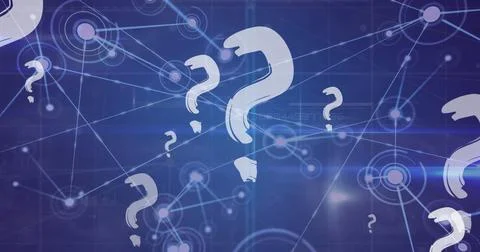 Image of question marks over network of connections on blue background Foto stock