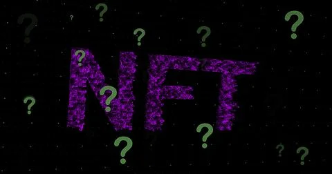 Image of question marks over nft on black background Stockillustratie