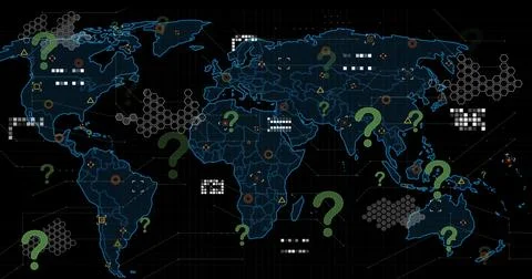 Image of question marks over world map and icons on black background Ilustração Stock