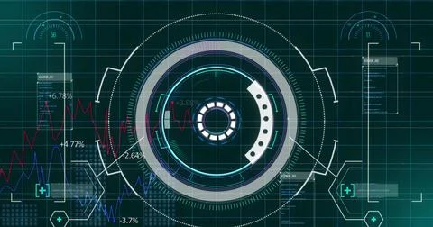 Image of radar and computer language over multiple graphs moving on grid Foto stock