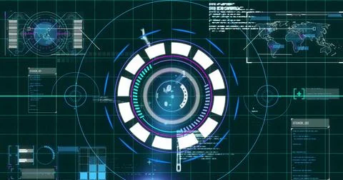 Image of radar and computer language moving on grid background Stock-Fotos