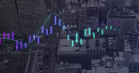 Image of radar and data over city financial district Ilustração Stock
