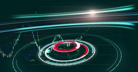 Image of radar and multiple graphs with numbers moving on grid background Foto stock