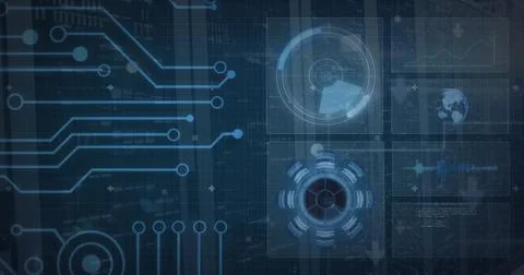Image of radar, arc reactor, globe and computer language over server room Stock Photos