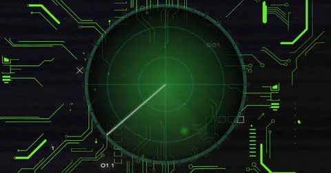 Image of radar with circuit board pattern and binary codes over abstract Stockfoto's