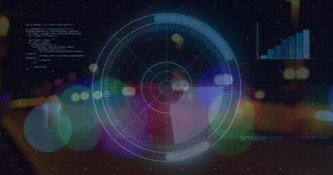 Image of radar, computer language, graphs over lens flare and moving vehicles on 写真素材