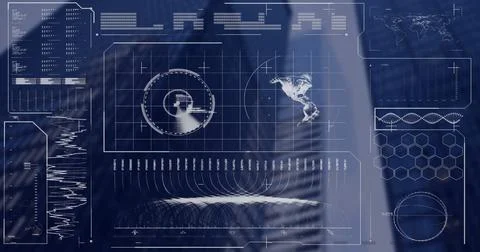 Image of radar, globe, loading bars and circles over low angle view of buildings Ilustración de archivo