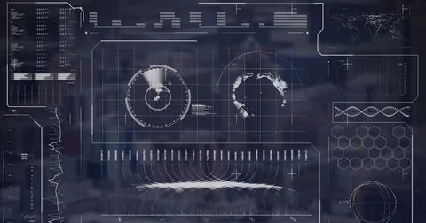 Image of radar, globe, loading bars over modern city in background Stock Illustration