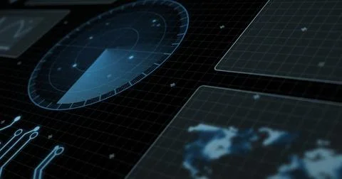 Image of radar, map and computer language with circuit board pattern over black Stockfoto's