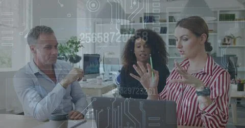 Image of radar, numbers, graph, circuit board pattern over diverse coworkers Stock Photos