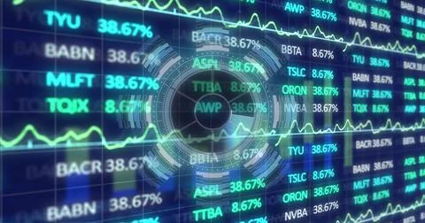Image of radar over financial data and graphs on navy background 스톡 일러스트