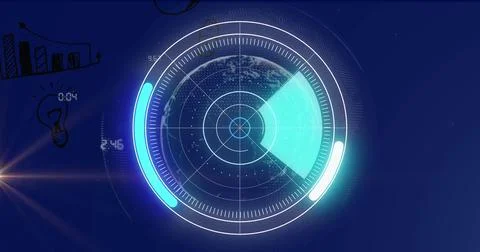 Image of radar rotating over globe graph on dark blue background Illustrazione stock