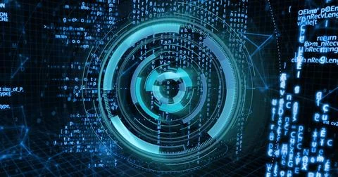 Image of radar spinning over binary codes and programming language Stock Photos