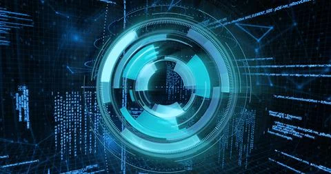 Image of radar spinning over binary codes and programming language Stock Photos