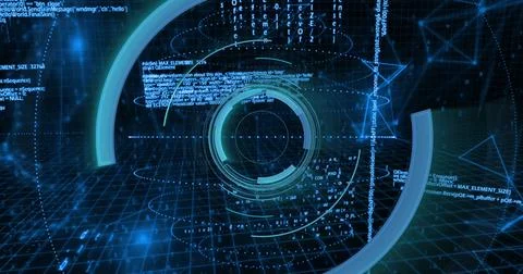 Image of radar spinning over binary codes and programming language Stock Photos