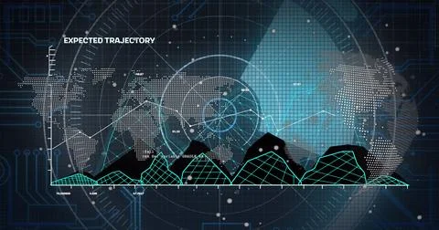 Image of radar,graphs and world map on navy background Stock Photos
