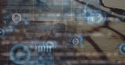 Image of radars, circles, graphs, computer language over low section of people Stock Photos