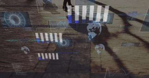 Image of radars, globes, graphs, computer language over low section of people Stock Photos