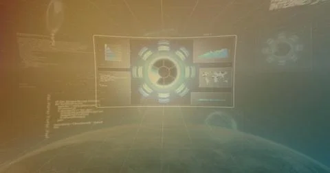 Image of radars, graphs, globes and computer language over space view of globe Stock Photos