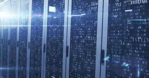 Image of radars, infographic interface and lens flare over server room in Foto stock